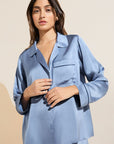 Model wears Inez Washable Silk Long PJ Set in Wedgewood Blue/Navy.