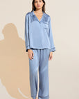 Model wears Inez Washable Silk Long PJ Set in Wedgewood Blue/Navy.