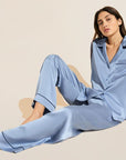 Model wears Inez Washable Silk Long PJ Set in Wedgewood Blue/Navy.