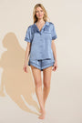 Model wears Inez Washable Silk Short PJ Set in Wedgewood Blue/Navy.