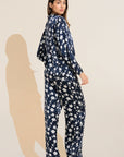 Model wears Inez Washable Silk Printed Long PJ Set in Modern Floral Navy/Navy.