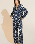 Model wears Inez Washable Silk Printed Long PJ Set in Modern Floral Navy/Navy.