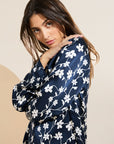 Model wears Inez Washable Silk Printed Long PJ Set in Modern Floral Navy/Navy.