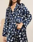 Model wears Inez Washable Silk Printed Long PJ Set in Modern Floral Navy/Navy.