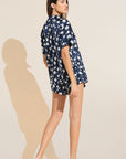 Model wears Inez Washable Silk Printed Short PJ Set in Modern Floral Navy/Navy.