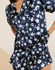 Model wears Inez Washable Silk Printed Short PJ Set in Modern Floral Navy/Navy.