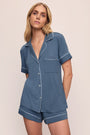 Model wears the Gisele TENCEL™ Modal Relaxed Short PJ Set in Coastal Blue/Ice Blue.