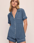 Model wears the Gisele TENCEL™ Modal Relaxed Short PJ Set in Coastal Blue/Ice Blue.