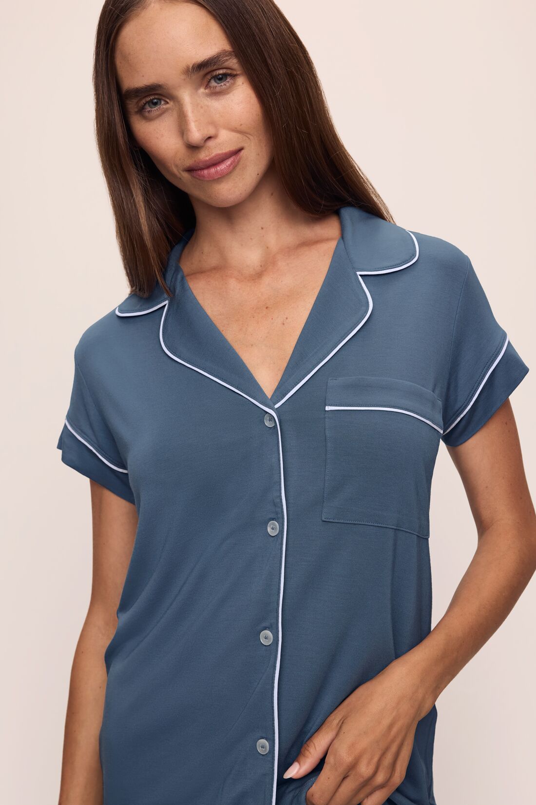 Model wears Gisele TENCEL™ Modal Short Sleeve Cropped PJ Set in Coastal Blue/Ice Blue.