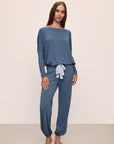 Model wears Gisele TENCEL™ Modal Slouchy PJ Set in Coastal Blue/Ice Blue.