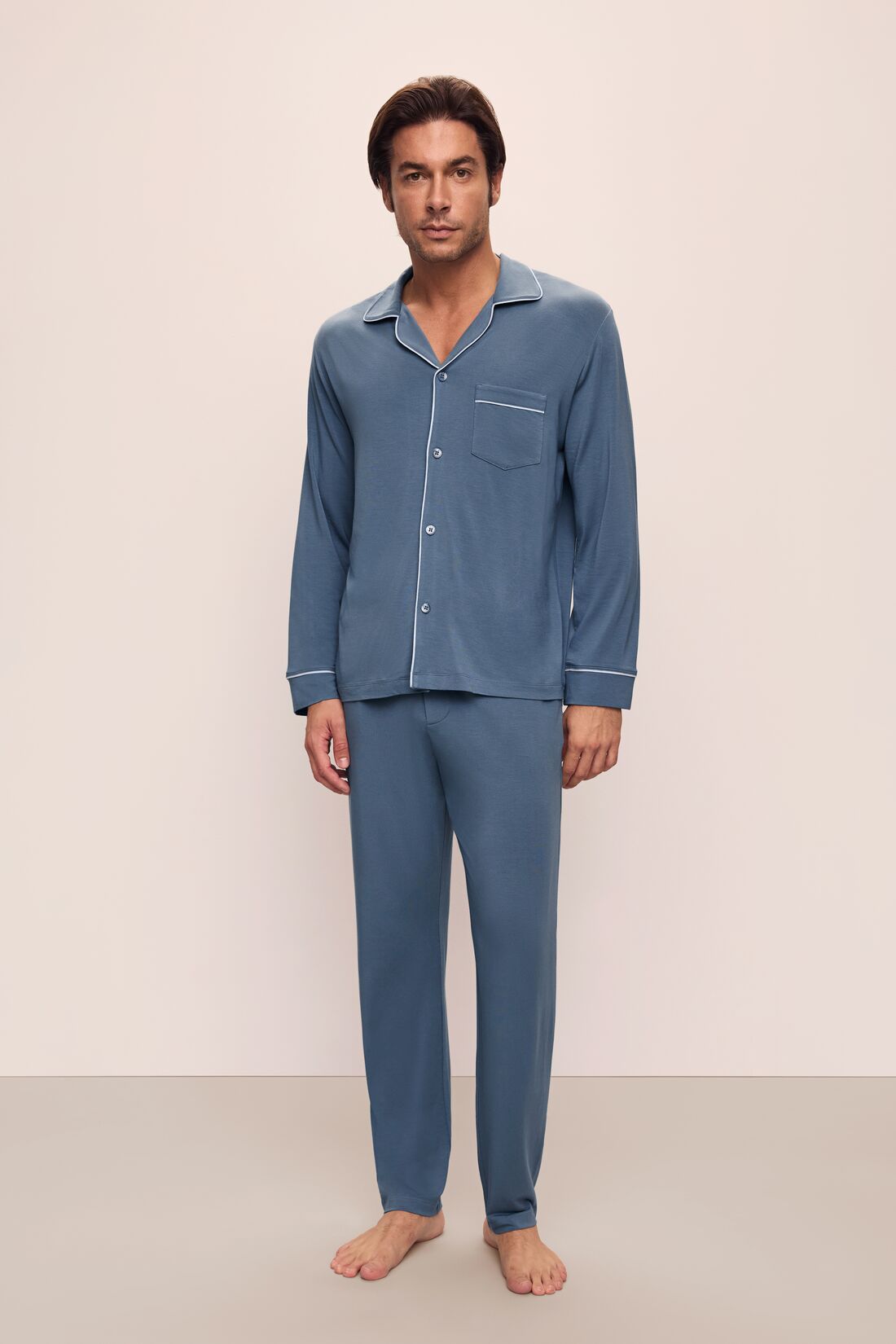 Model wears William TENCEL™ Modal Long PJ Set in Coastal Blue/Ice Blue.