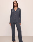 Model wears Gisele TENCEL™ Modal Rib Long PJ Set in Graphite.