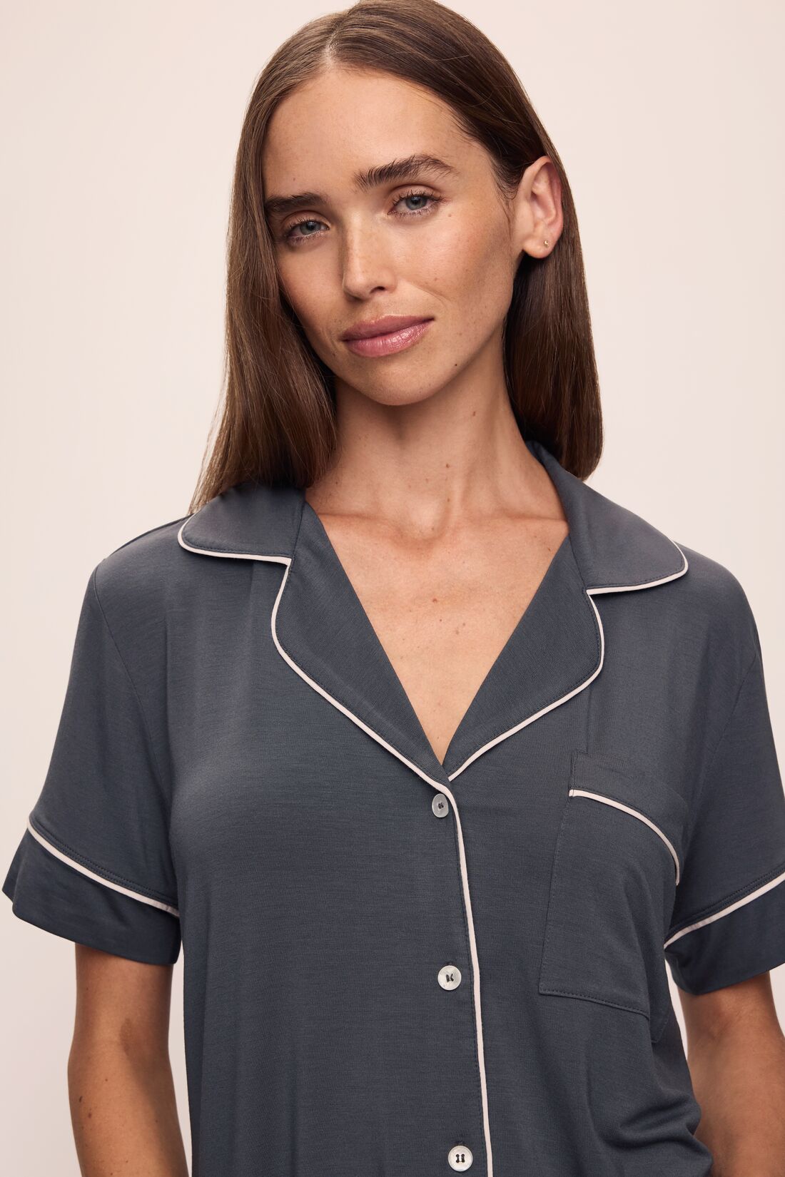 Model wears Gisele TENCEL™ Modal Short Sleeve Cropped PJ Set in Graphite/Sorbet Pink.