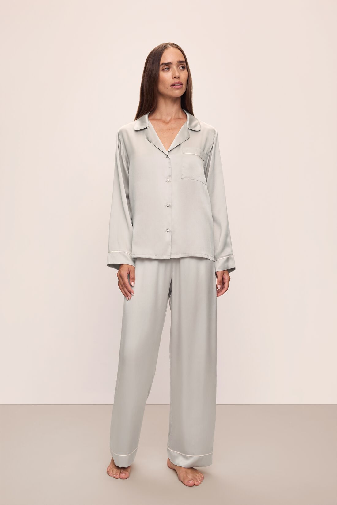 Model wears Inez Washable Silk Long PJ Set in Lunar Rock/Ivory.