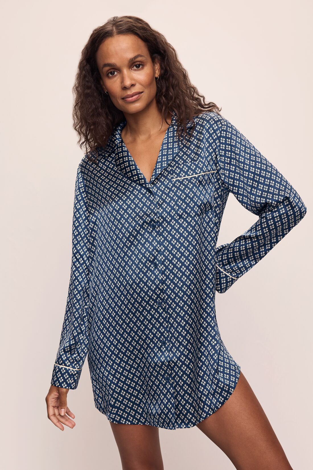 Model wears Inez Washable Silk Printed Sleepshirt in Petite Batik Indigo/Bone.