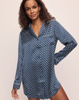 Model wears Inez Washable Silk Printed Sleepshirt in Petite Batik Indigo/Bone.