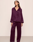 Model wears Inez Washable Silk Long PJ Set in Plum/Ivory.