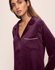 Model wears Inez Washable Silk Long PJ Set in Plum/Ivory.