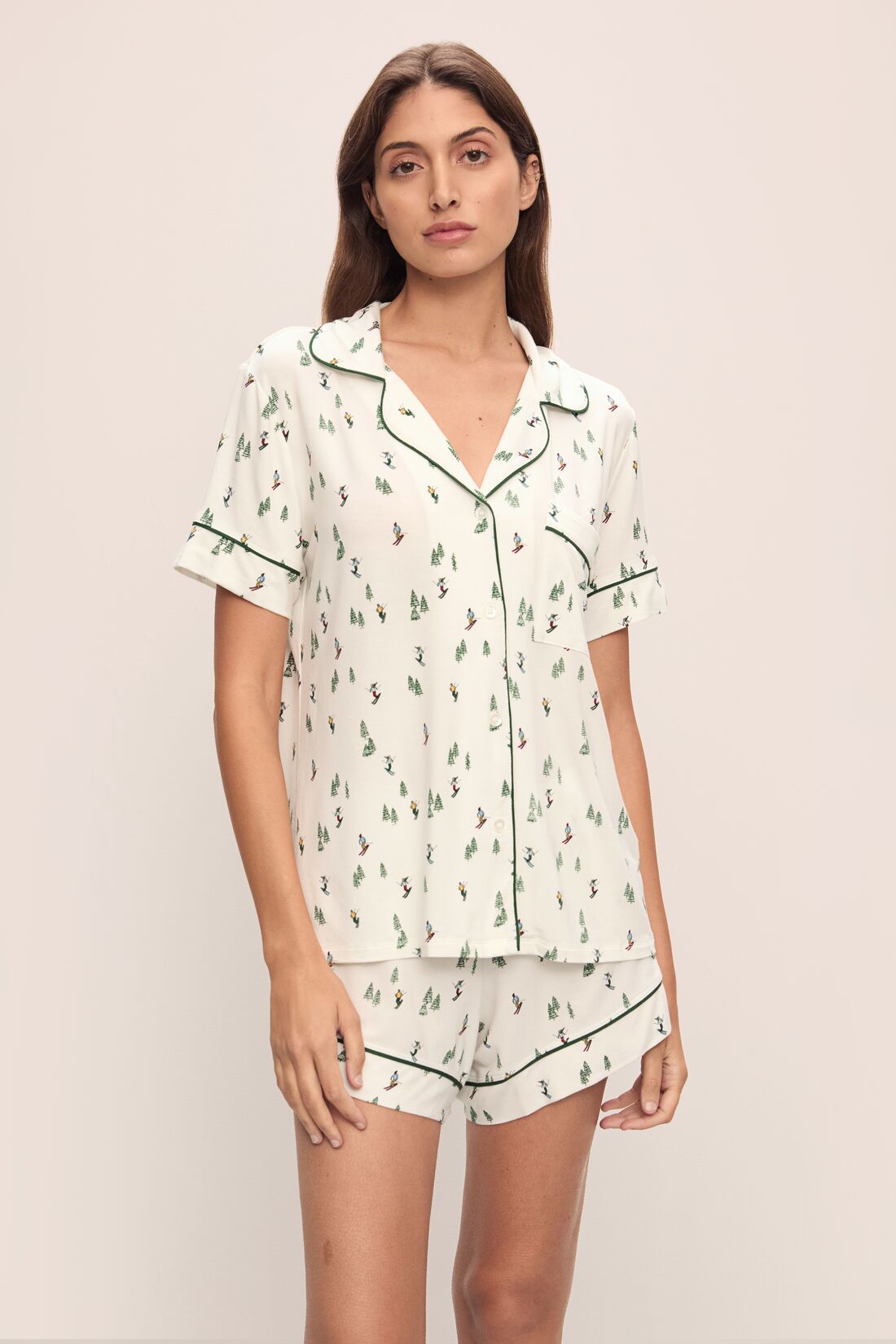 Model wears the Gisele Printed TENCEL™ Modal Relaxed Short PJ Set in Alpine Skier Ivory/Forest Green.