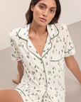 Model wears the Gisele Printed TENCEL™ Modal Relaxed Short PJ Set in Alpine Skier Ivory/Forest Green.