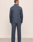 Model wears Charles Washable Silk Printed Long PJ Set in Classic Stripe Navy/Ivory.