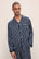 Model wears Charles Washable Silk Printed Long PJ Set in Classic Stripe Navy/Ivory.
