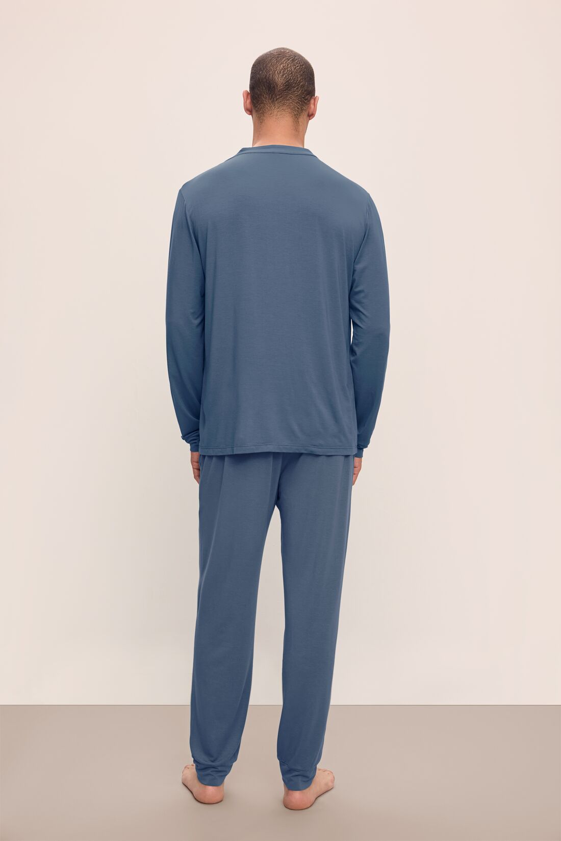 Model wears Henry TENCEL™ Modal Long PJ Set in Coastal Blue.