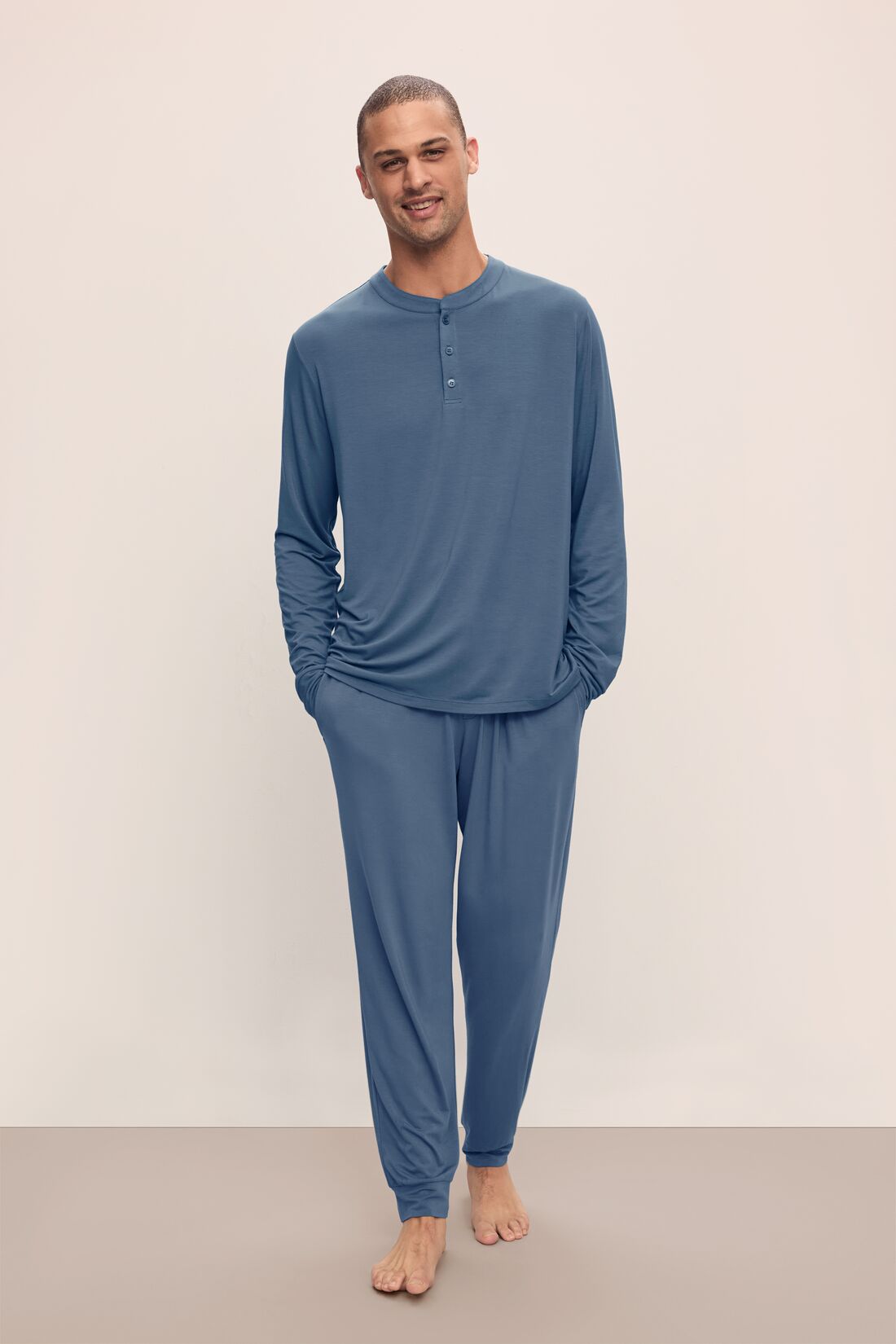 Model wears Henry TENCEL™ Modal Long PJ Set in Coastal Blue.