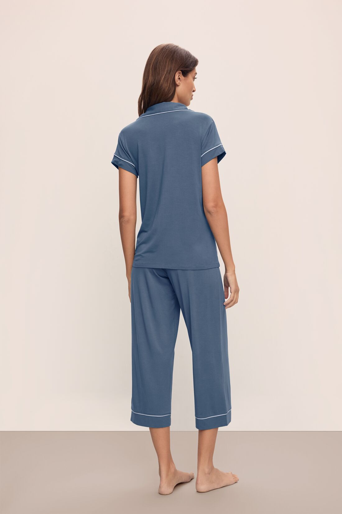 Model wears Gisele TENCEL™ Modal Short Sleeve Cropped PJ Set in Coastal Blue/Ice Blue.