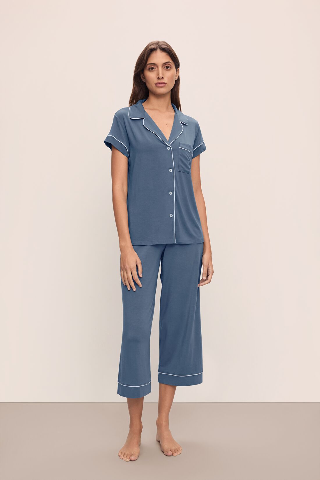 Model wears Gisele TENCEL™ Modal Short Sleeve Cropped PJ Set in Coastal Blue/Ice Blue.