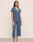 Model wears Gisele TENCEL™ Modal Short Sleeve Cropped PJ Set in Coastal Blue/Ice Blue.