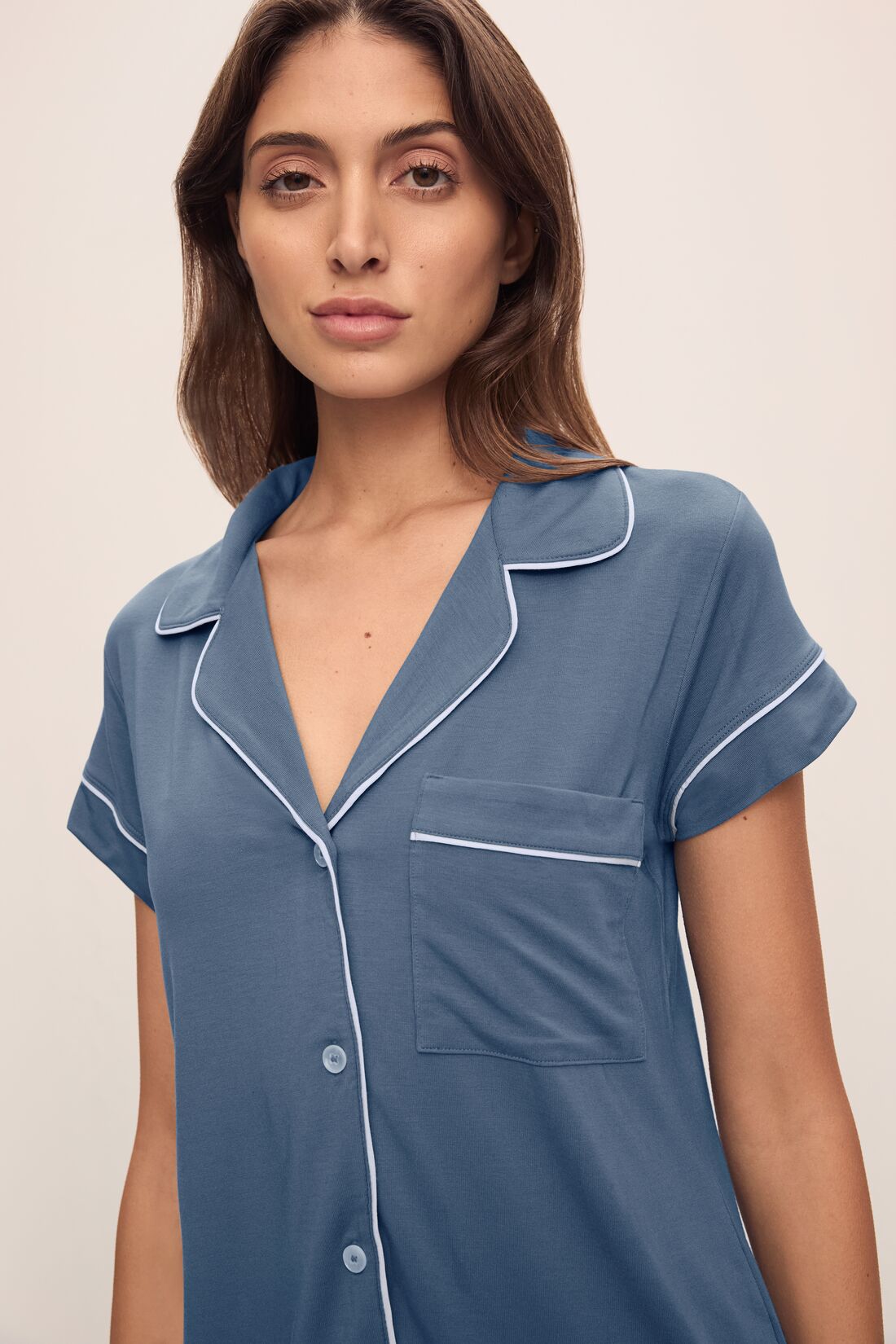 Model wears Gisele TENCEL™ Modal Short Sleeve Cropped PJ Set in Coastal Blue/Ice Blue.