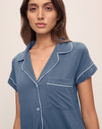 Model wears Gisele TENCEL™ Modal Short Sleeve Cropped PJ Set in Coastal Blue/Ice Blue.