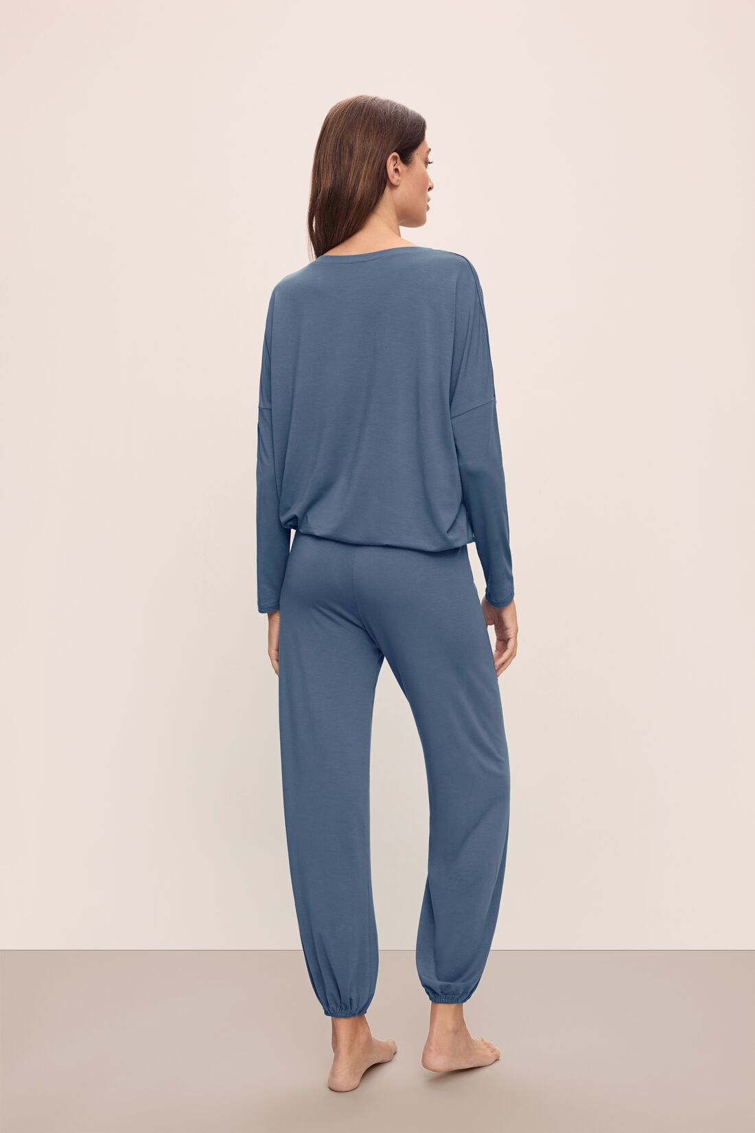 Model wears Gisele TENCEL™ Modal Slouchy PJ Set in Coastal Blue/Ice Blue.