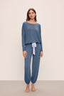 Model wears Gisele TENCEL™ Modal Slouchy PJ Set in Coastal Blue/Ice Blue.