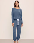 Model wears Gisele TENCEL™ Modal Slouchy PJ Set in Coastal Blue/Ice Blue.