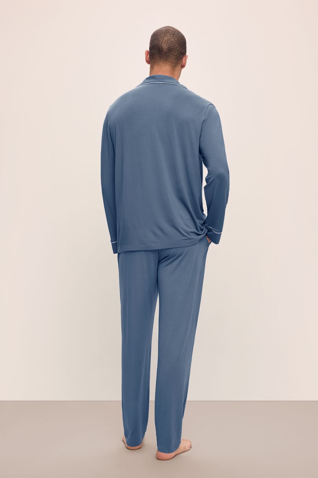 Model wears William TENCEL™ Modal Long PJ Set in Coastal Blue/Ice Blue.