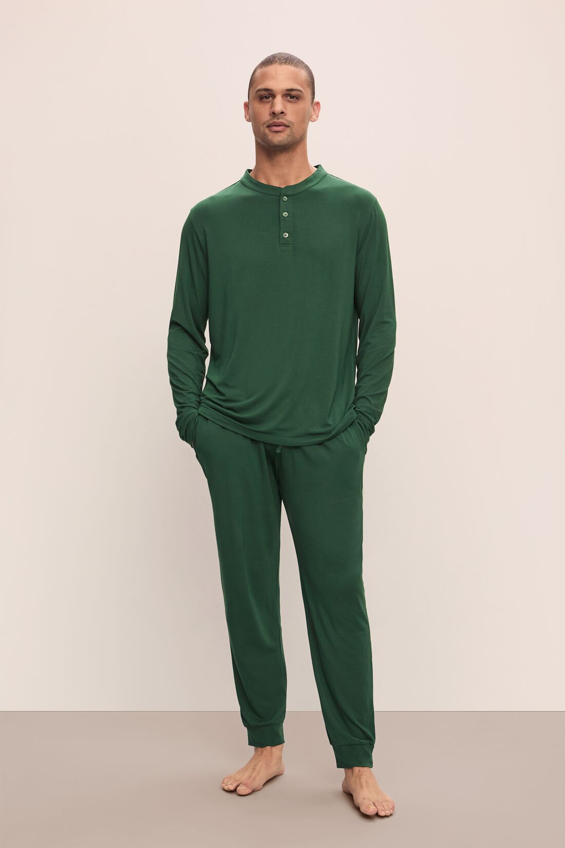 Model wears Henry TENCEL™ Modal Long PJ Set in Forest Green.