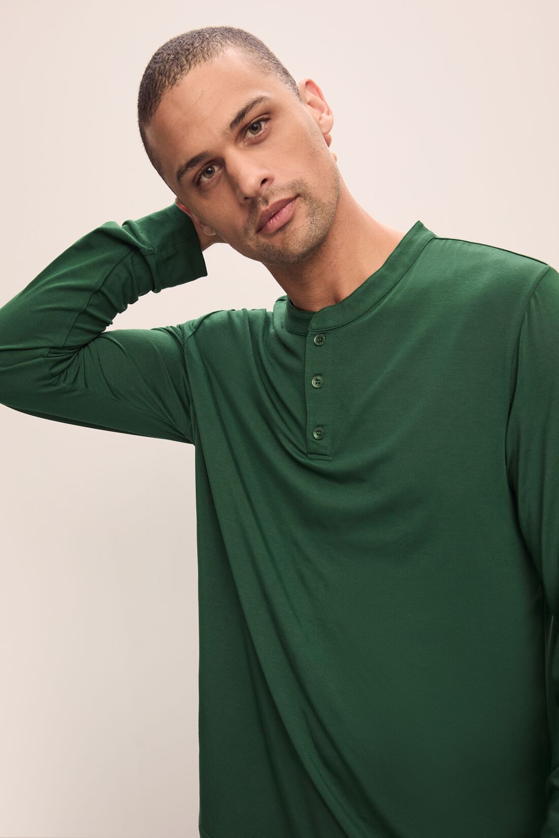 Model wears Henry TENCEL™ Modal Long PJ Set in Forest Green.