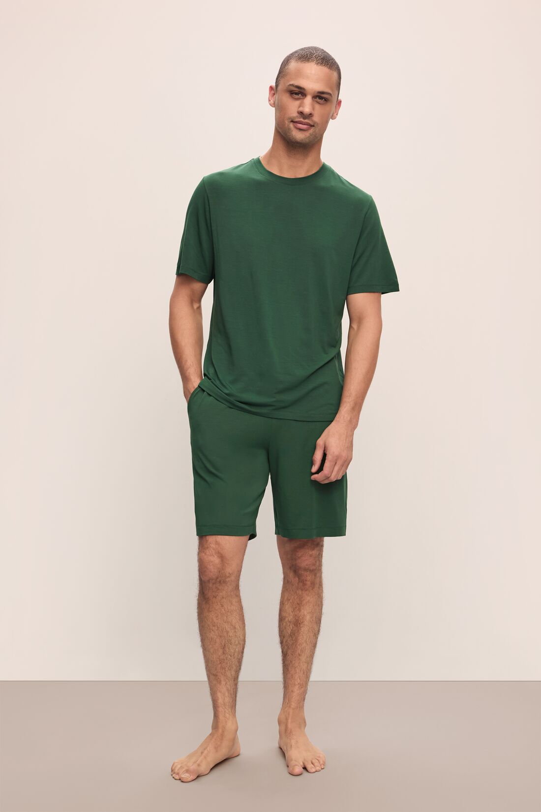 Model wears Henry TENCEL™ Modal Short PJ Set in Forest Green.