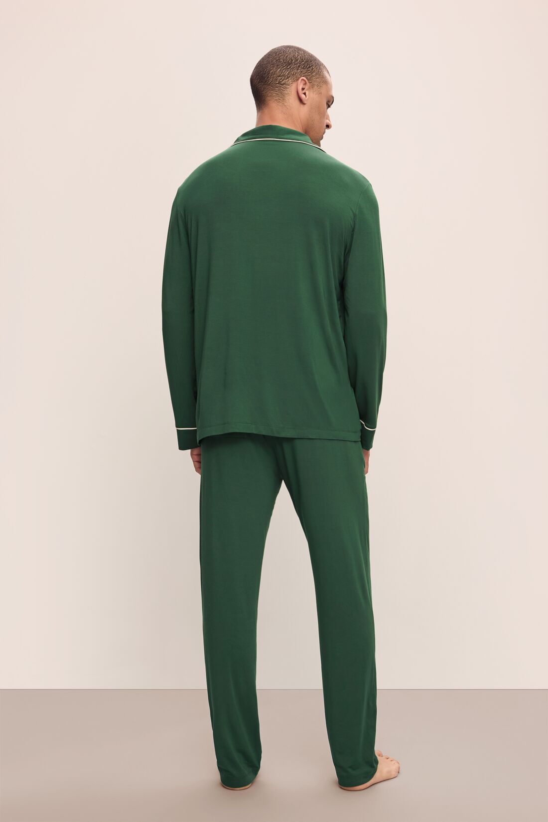 Model wears William TENCEL™ Modal Long PJ Set in Forest Green/Ivory.