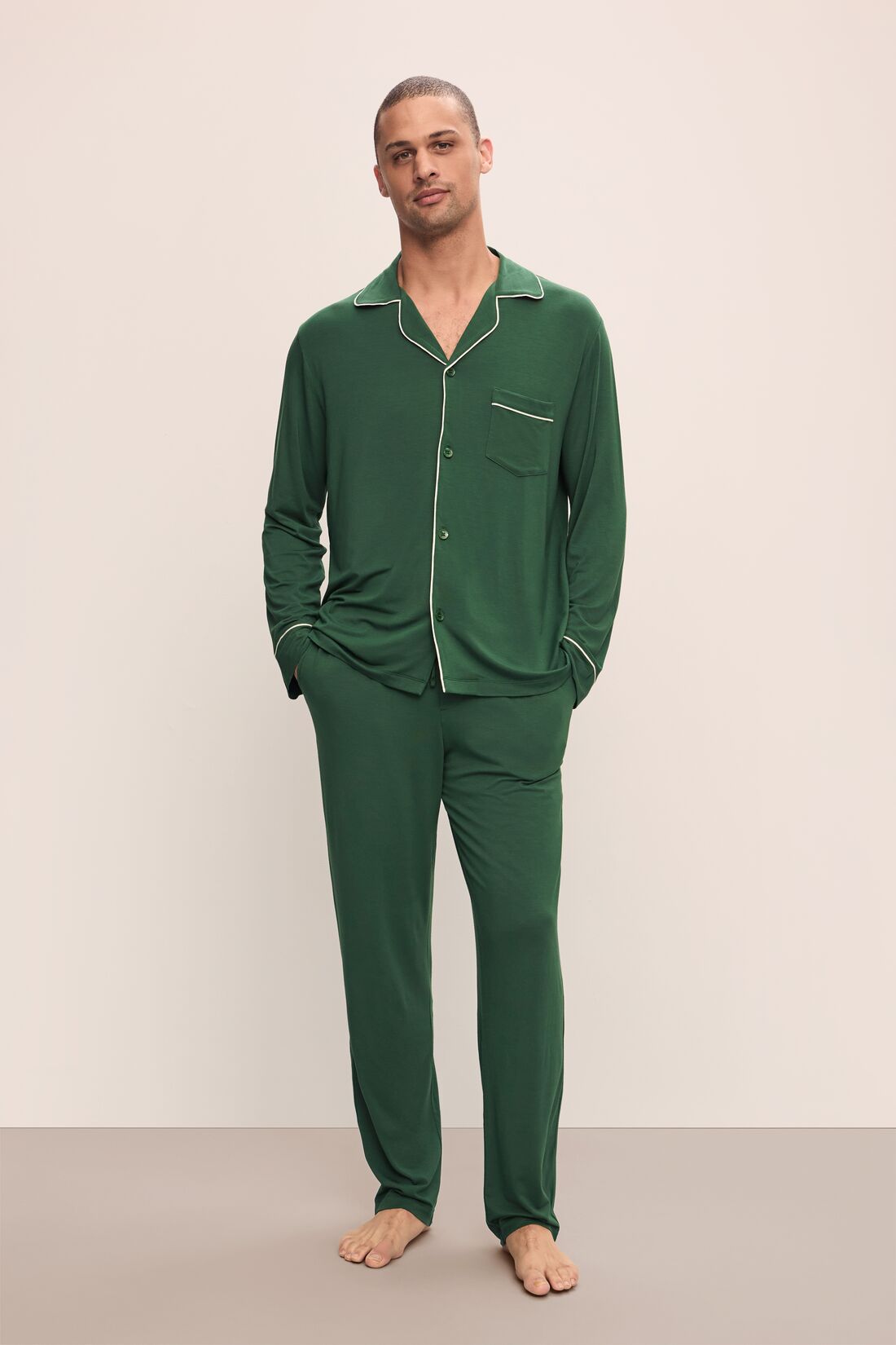 Model wears William TENCEL™ Modal Long PJ Set in Forest Green/Ivory.