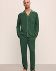 Model wears William TENCEL™ Modal Long PJ Set in Forest Green/Ivory.