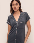 Model wears Gisele TENCEL™ Modal Short Sleeve Cropped PJ Set in Graphite/Sorbet Pink.