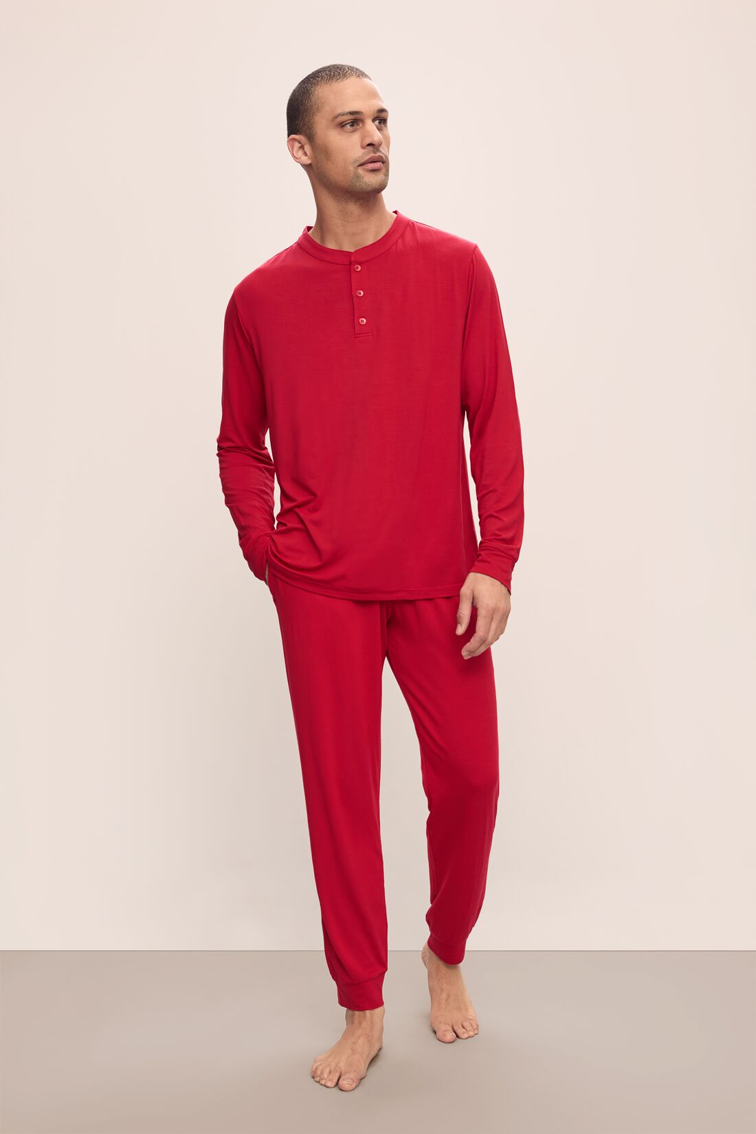 Model wears Henry TENCEL™ Modal Long PJ Set in Haute Red.