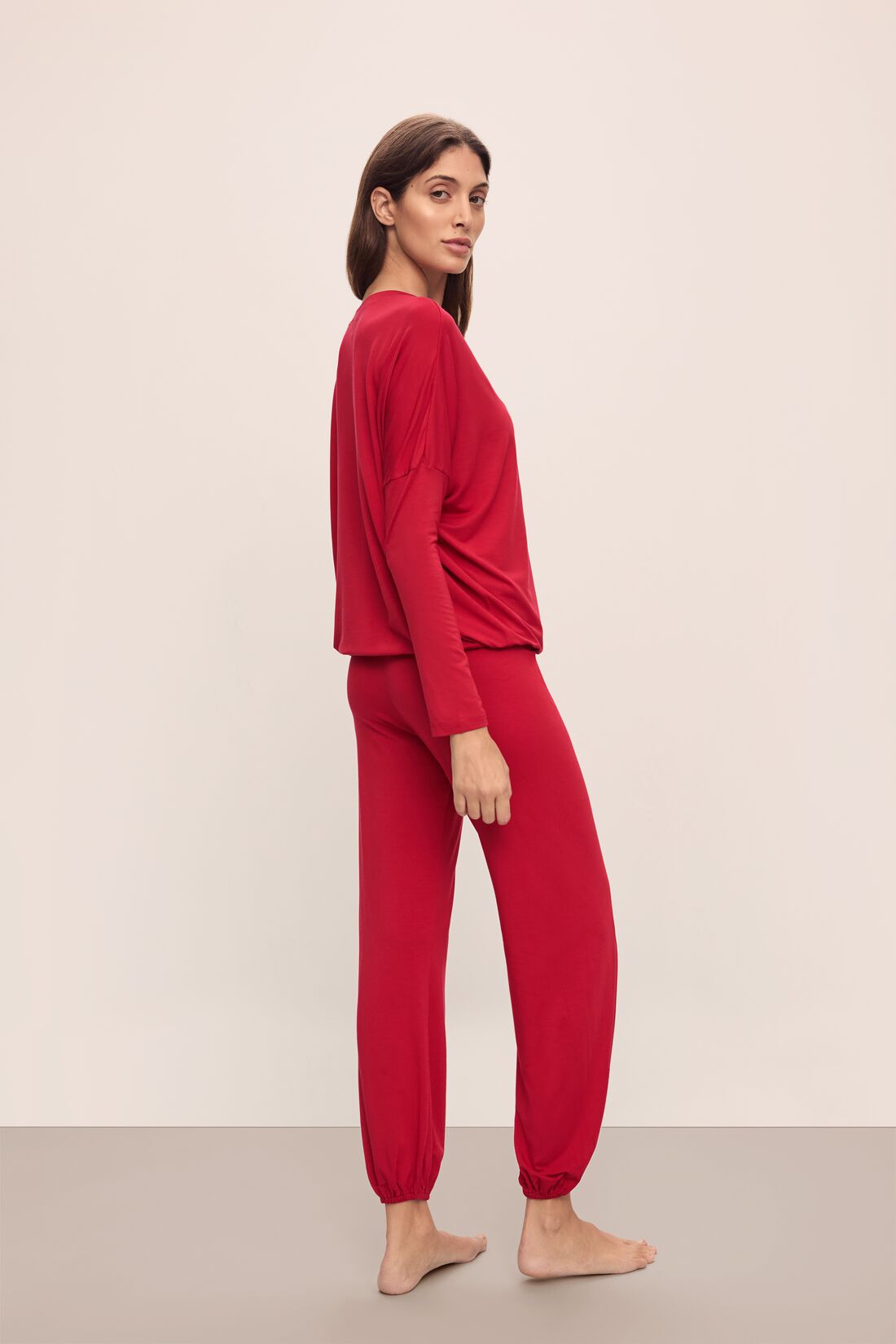 Model wears Gisele TENCEL™ Modal Slouchy PJ Set in Haute Red/Haute Red.