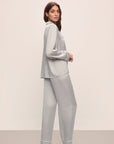 Model wears Inez Washable Silk Long PJ Set in Lunar Rock/Ivory.