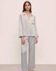 Model wears Inez Washable Silk Long PJ Set in Lunar Rock/Ivory.