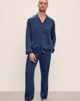 Model wears Charles Washable Silk Long PJ Set in Navy/Champagne.