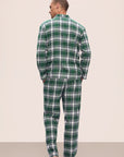 Model wears Men's Flannel Long PJ Set in Tartan Plaid Forest Green.